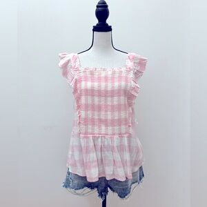 Old Navy Women’s Flutter-Sleeve Pink Gingham Smocked Blouse, NWT, XL